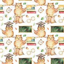 Watercolor seamless pattern with cute owl school teacher