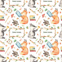 Watercolor seamless pattern with cute fox, badger in forest school