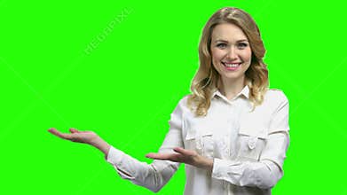 Surprised woman showing empty copy space for text.