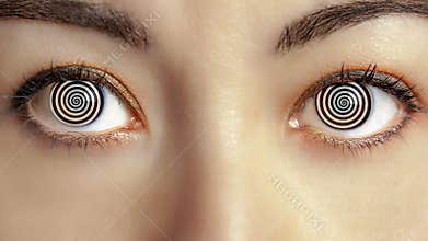 Closeup woman face with hypnotized eyes animation