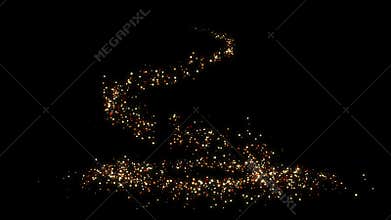 Animation of gold glitter light trail spiral with magic swirl path on black background