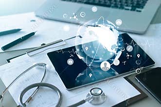 Medical global networking and healthcare global network connection on tablet, Medical technology