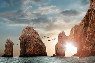 Rocky formations on a sunset background. Famous arches of Los Cabos. Mexico. Baja California Sur