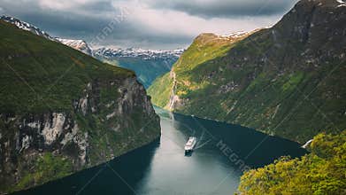 Geirangerfjord, Norway. Touristic Ship Ferry Boat Cruise Ship Liner Floating Near Geiranger In Geirangerfjorden In