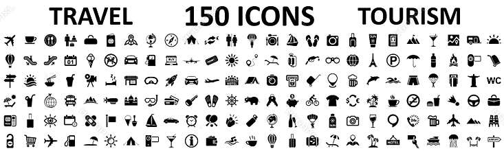 Travel and tourism set 150 icons, vocation signs for web development apps, websites, infographics, design elements – vector