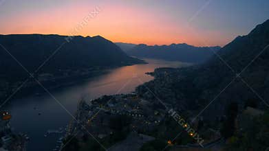 Sunset over the bay and mountains, Montenegro. View of Kotor from Castle Of San Giovanni, top of the hill