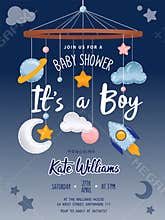 Baby Shower invitation card with cute crib Mobile Musical Box Bed Bell, rocket, moon, planet, clouds and stars. Place