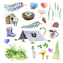 Hiking or camping in the forest elements watercolor illustration set. Summer outdoor travel hand drawn objects collection. Tent, b