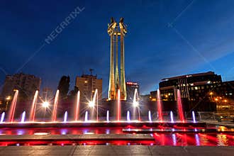 Fountain and Three Crosses monument near building of European Solidarity Centre ECS