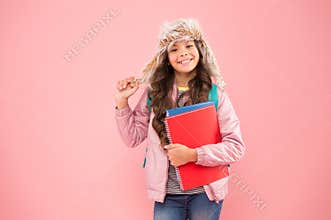Help you study. kid warm clothes pink background. pupil daily life. schoolgirl carry backpack and books. no more exams