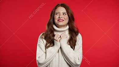 Surprised excited happy woman. Portrait of young girl with ecstatic expressions