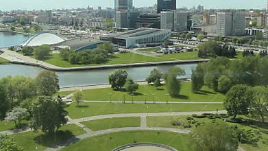 View of Nemiga from the rising panoramic Elevator of the hotel Belarus. Minsk, Belarus, May 20, 2017