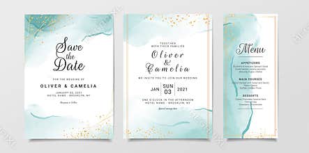 Blue watercolor wedding invitation card template set with gold glitter and line decoration. Abstract background save the date,