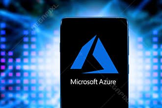 Smart phone with the Microsoft Azure logo, is a cloud service offered as a service and hosted in Microsoft Data Centers.