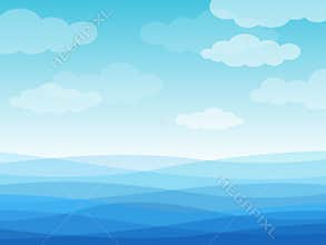 Abstract sea waves. Blue wavy ocean, sky and white clouds, flowing river water landscape wallpaper design, creative