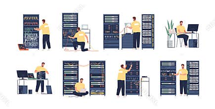 System administrator flat vector illustrations set. Computer repair, upkeeping server, adjusting network. Sysadmin