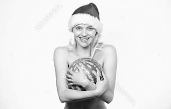Tips to celebrate summer christmas. New year and christmas concept. Exotic christmas holidays. Girl attractive naked