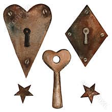 Watercolor clip art old rusty key, stars and keyholes. Isolated objects on a white background.