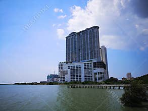 Tall condominium towers built on the sea shore, Malacca