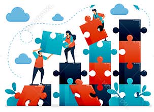 Teamwork and collaboration by solving puzzles. Metaphors understand business chart. Cooperate for company. Challenges and problems
