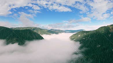 Aerial view of mountain landscape. Drone flying up above valley filled with fog