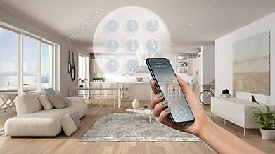 Smart home technology interface on phone app, augmented reality, internet of things, interior design of modern kitchen with