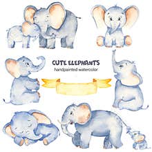 Watercolor set with cute cartoon elephants