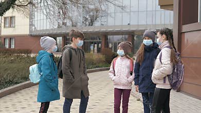 School-age children in medical masks. portrait of school children