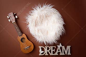 Digital newborn background for baby girls and boys. Brown backdrop and little guitar