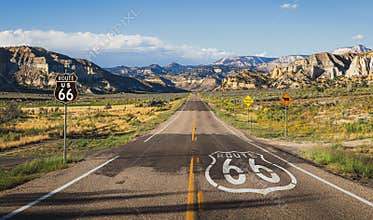 Scenic view of  famous Route 66 in classic american mountain scenery at sunset