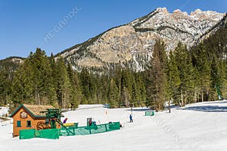 FAIRMONT HOT SPRINGS, CANADA - MARCH 16, 2020: Ski resort snow and mountains in the east British Columbia