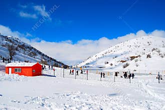 Orange house in the snow
