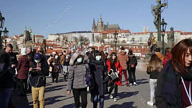 Tourists in protective masks in Prague