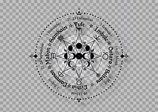Wheel of the Year is an annual cycle of seasonal festivals. Wiccan calendar and holidays. Compass with triple moon Wicca pagan god