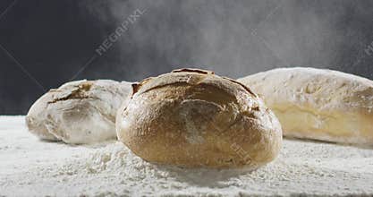 Bakery and cooking concept. Fresh bread with a splash falls into flour