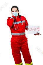 Amazed emergency doctor with covid19 sign