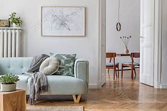Stylish, bright, Scandinavian living room and dining room.