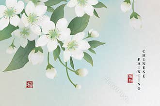 Chinese ink painting art background plant elegant flower pear blossom. Chinese translation : Plant and Blessing