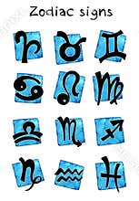 12 illustrations zodiac symbol, set handmade painting, ink and watercolour