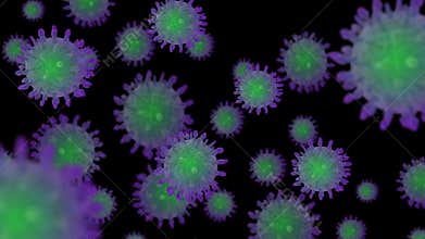 Purple and green cells of bacteria or covid-19 virus, cells randomly move and rotate against a black screen, isolation