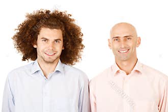 Bald man, curly hair man