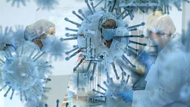 Animation of spreading Coronavirus Covid19 with healthcare workers in background