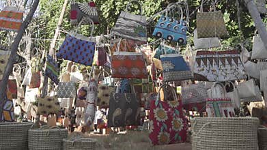 Variety of beautiful bags made of African fabrics sold in Maputo, Mozambique