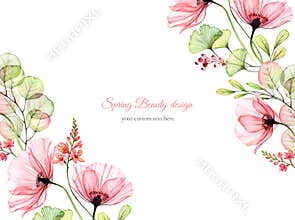 Watercolor floral background. Card template with place for text. Transparent poppy flowers. Isolated hand drawn banner