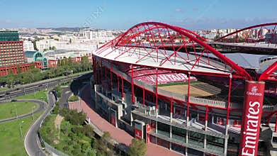 Aerial view over Benfica Lisbon soccer stadium called Estadio da Luz - CITY OF LISBON, PORTUGAL - NOVEMBER 5, 2019