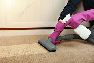 Carpet cleaning concept. cleaner`s hand in gloves sprays cleaning agent on the carpet and vacuums it.