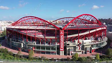Aerial flight along the Benfica Lisbon soccer stadium called Estadio da Luz - CITY OF LISBON, PORTUGAL - NOVEMBER 5
