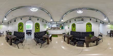 MINSK, BELARUS - MAY 2019:  seamless spherical hdri panorama 360 degrees angle inside interior of stylish vintage cafe coffee bar