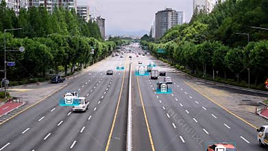 Computer graphic image of an electric vehicle or hydrogen-electric vehicle driving on the road