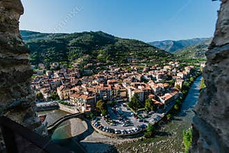 Medieval village of Dolceacqua, city and river landscape, old houses during daytime, Italy